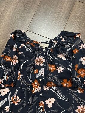 LOFT Navy Floral Button-Front Blouse with Pink and Rust Flowers